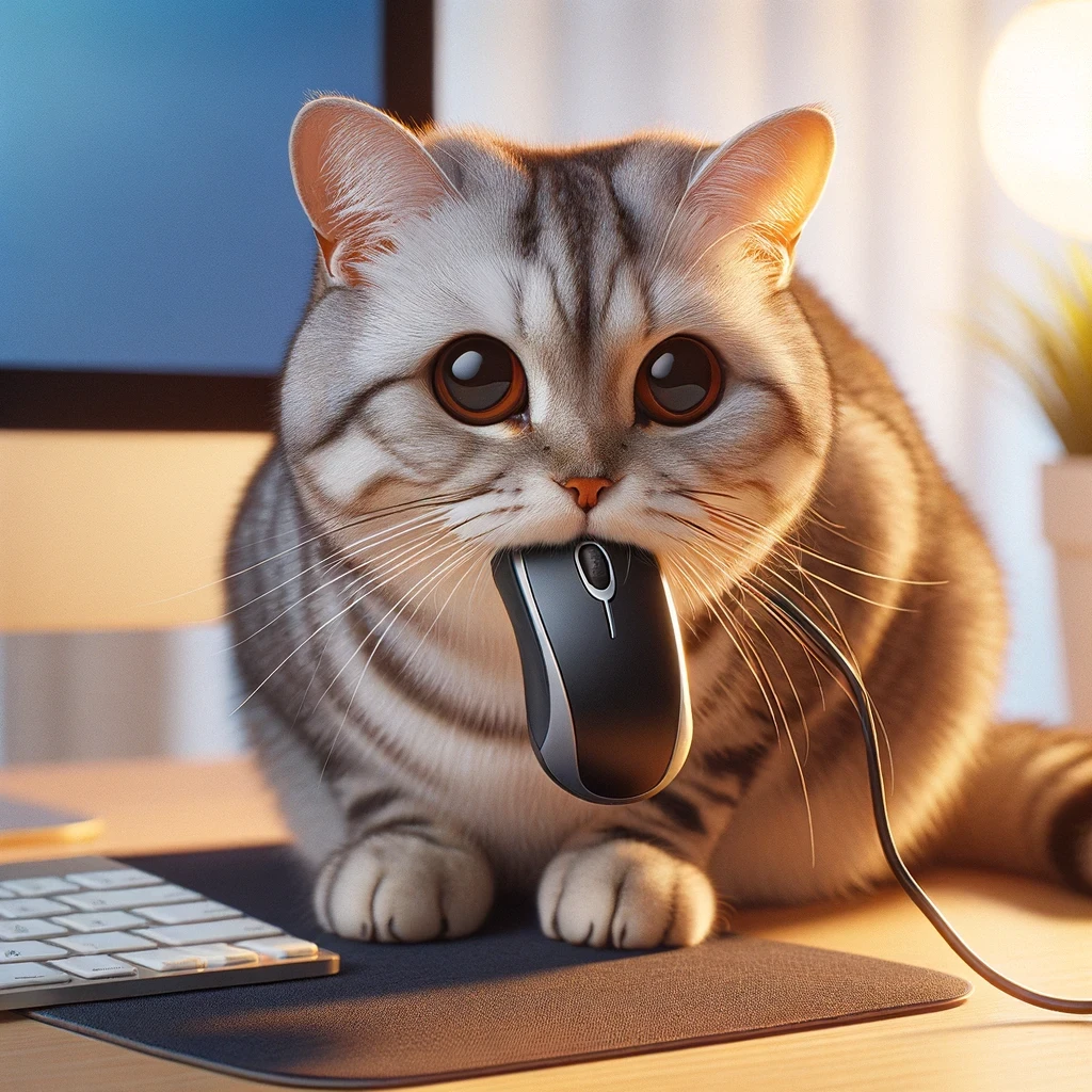 Ein niedlicher, grau-weiß getigerter Kater sitzt auf einem Schreibtisch und hält eine Computermaus im Maul. Die Maus hat ein Kabel, das noch aus seinem Mund herausragt. Der Kater sieht zufrieden aus und hat einen schelmischen Ausdruck im Gesicht.